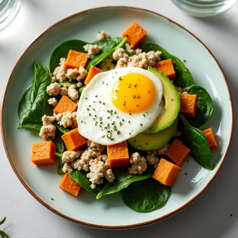 Egg White and Turkey Scramble with Spinach and Roasted Sweet Potatoes