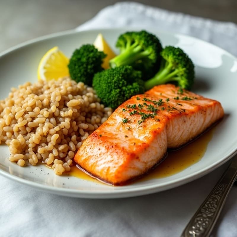 Seared Salmon with Steamed Broccoli and Brown Rice