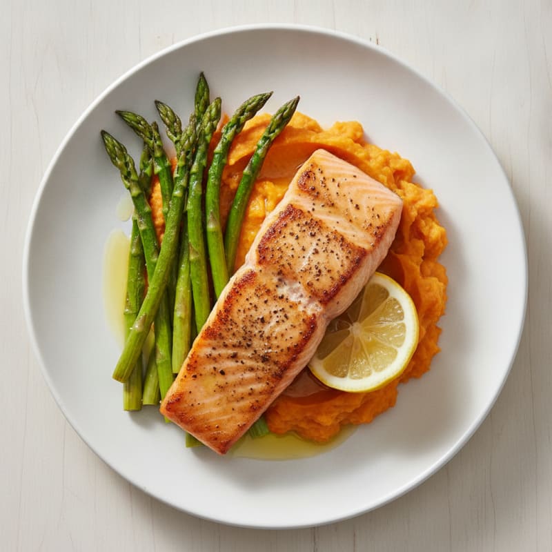 Seared Salmon with Roasted Asparagus and Sweet Potato Mash