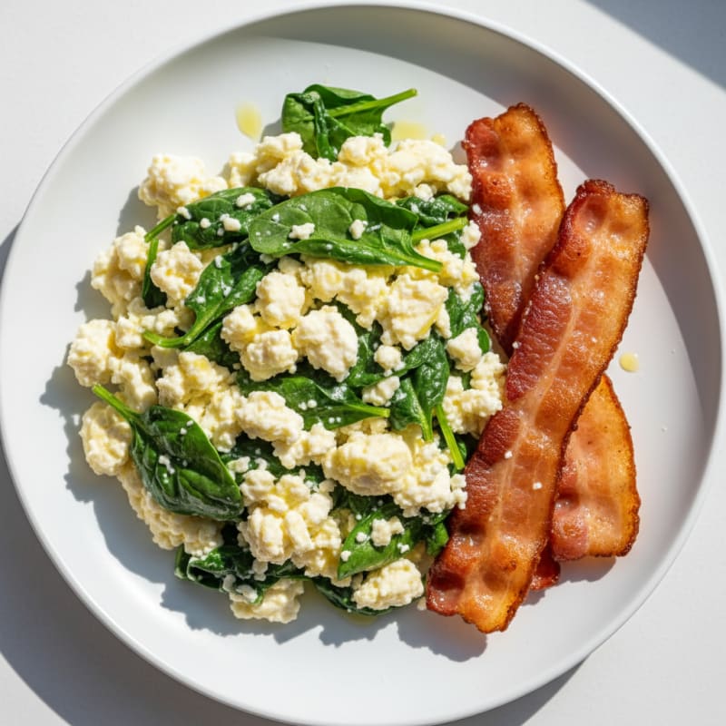 Cottage Cheese Egg White Scramble with Spinach and Turkey Bacon