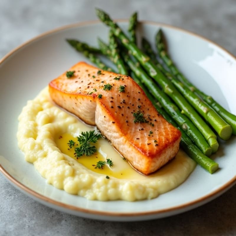 Seared Salmon with Steamed Asparagus and Garlic Cauliflower Mash