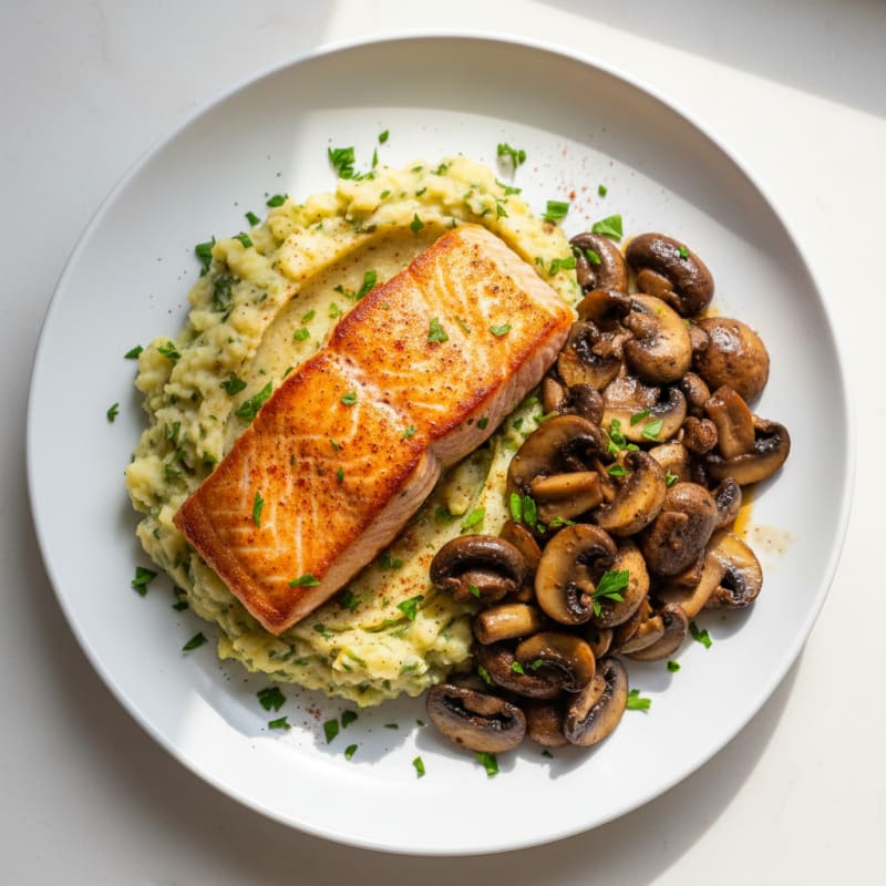 Seared Salmon with Herb Potato Mash and Sautéed Mushrooms
