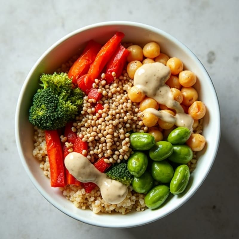 Crispy Chickpea and Roasted Vegetable Quinoa Bowl with Creamy Tahini