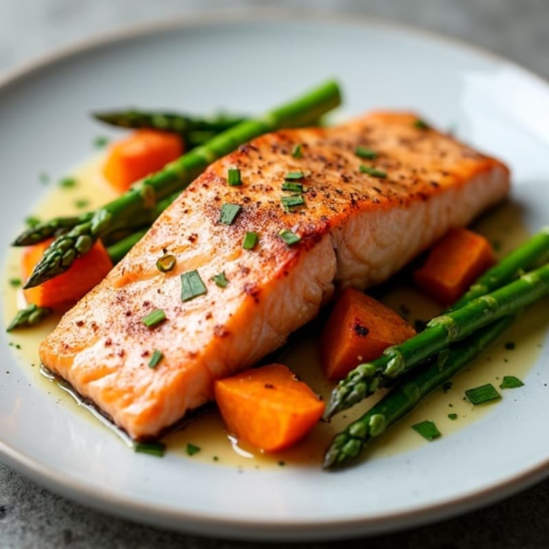 Seared Salmon with Roasted Sweet Potatoes and Asparagus