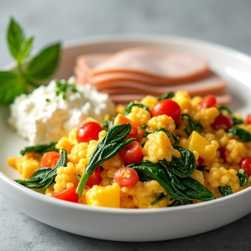 Egg White Vegetable Scramble with Cottage Cheese and Sliced Turkey