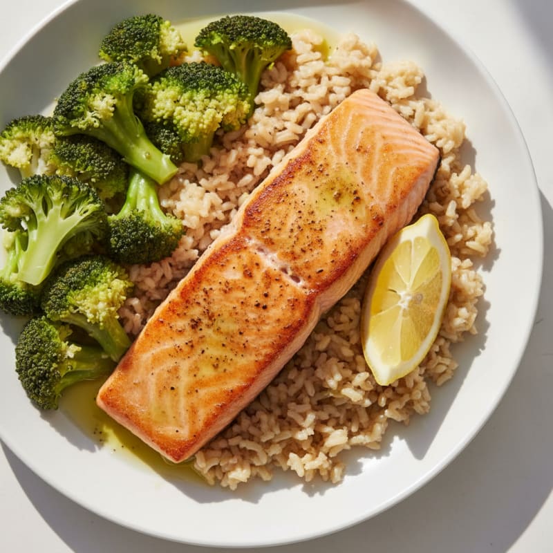 Pan-Seared Salmon with Steamed Broccoli and Brown Rice