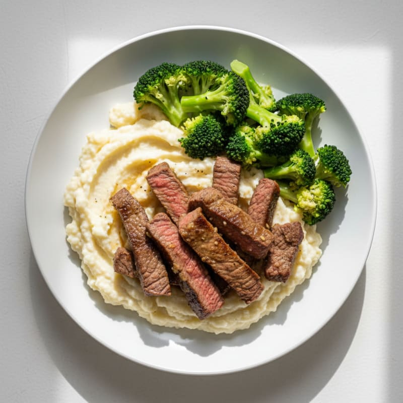 Seared Lean Beef Strips with Steamed Broccoli and Cauliflower Mash