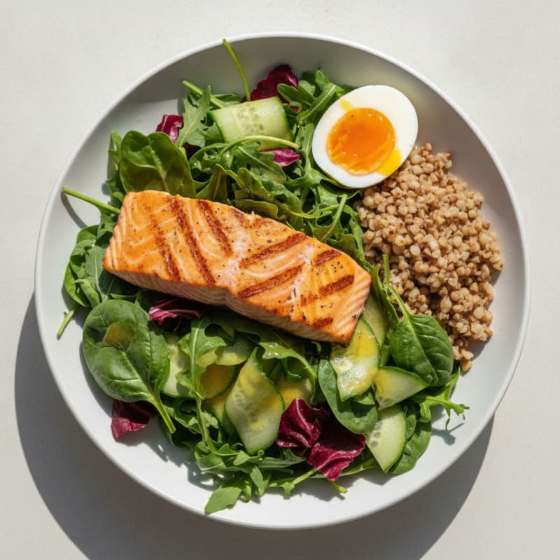 Grilled Salmon Salad with Crisp Greens and Lemon Vinaigrette