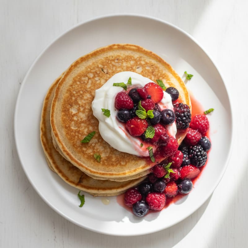 Almond Pancakes with Greek Yogurt and Berry Compote