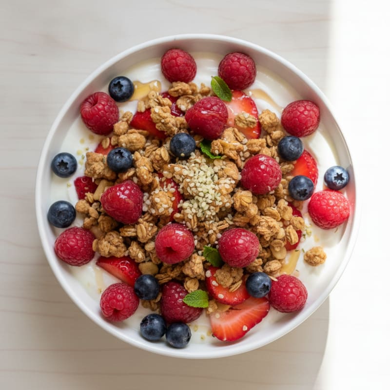 Silky Greek Yogurt Parfait with Protein Granola and Mixed Berries
