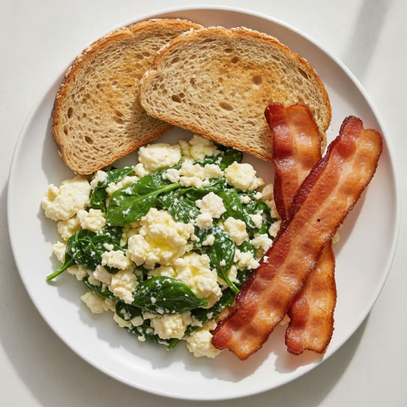 Cottage Cheese Scramble with Spinach and Turkey Bacon