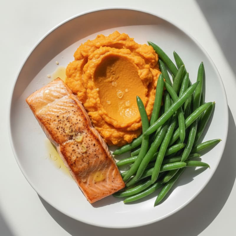 Seared Salmon with Steamed Green Beans and Sweet Potato Mash