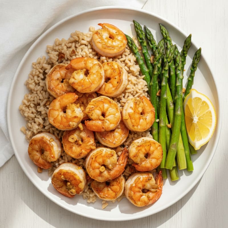 Seared Garlic Shrimp with Brown Rice and Steamed Asparagus