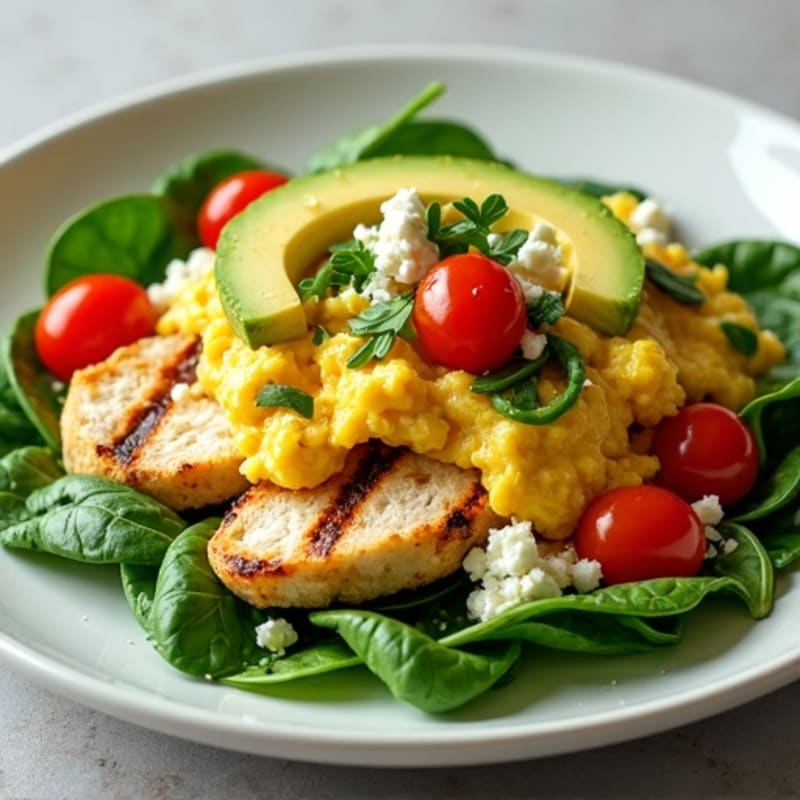 Scrambled Eggs with Spinach and Grilled Chicken