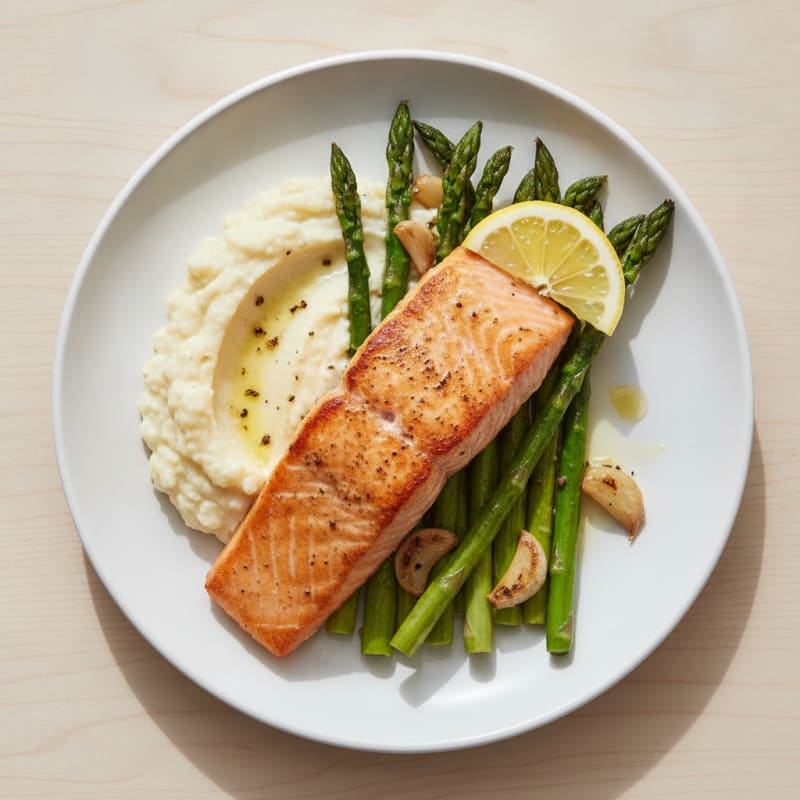 Seared Salmon Fillet with Roasted Asparagus and Cauliflower Mash