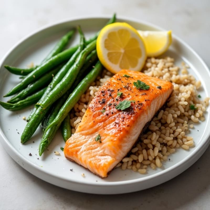 Seared Salmon Filet with Garlic Green Beans and Brown Rice