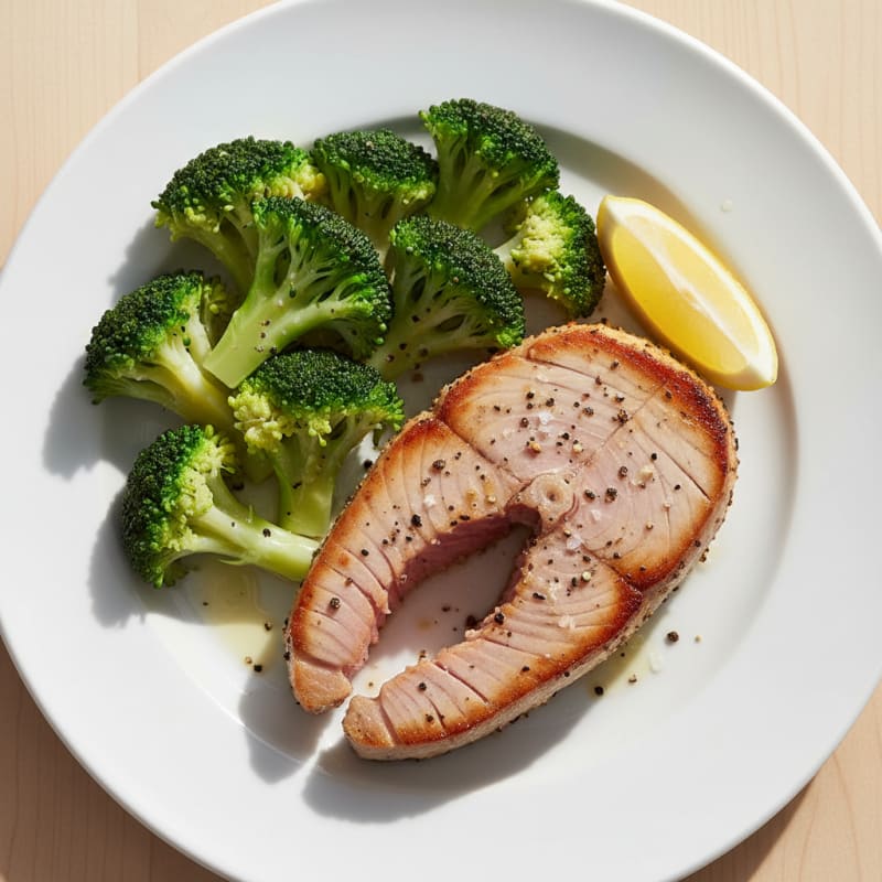 Seared Tuna Steak with Steamed Broccoli