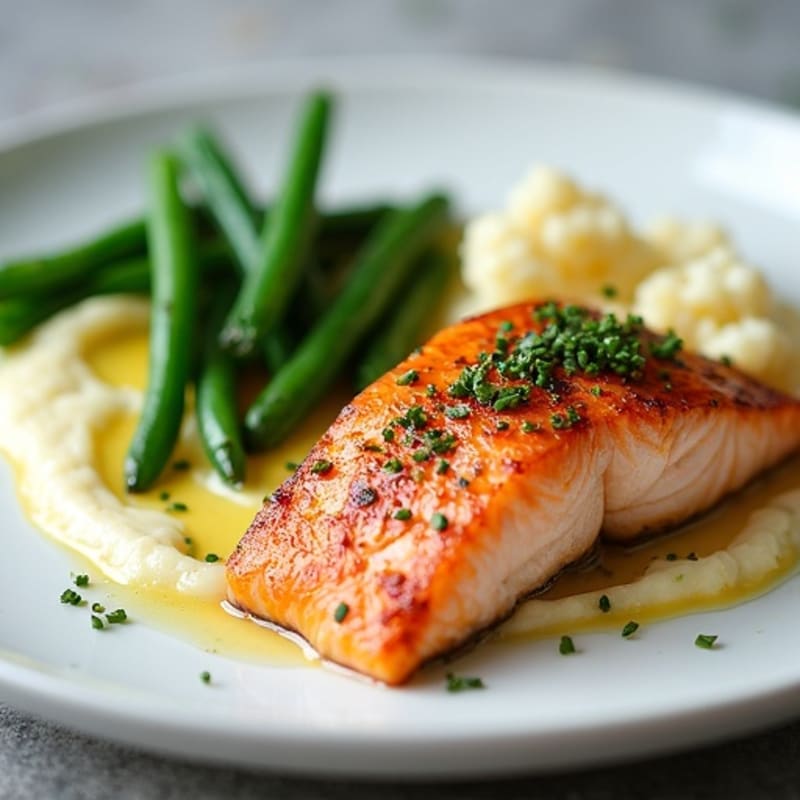 Seared Salmon with Garlic Green Beans and Cauliflower Mash