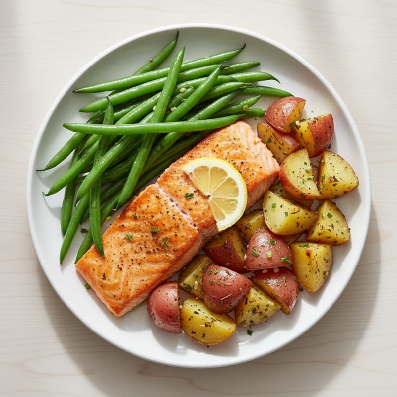 Seared Salmon Fillet with String Beans and Herb-Roasted Potatoes