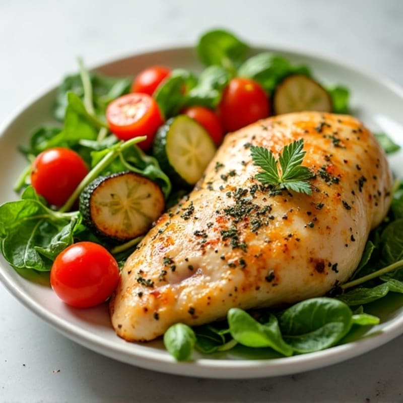 Lemon-Herb Chicken with Fresh Greens and Roasted Vegetable Salad