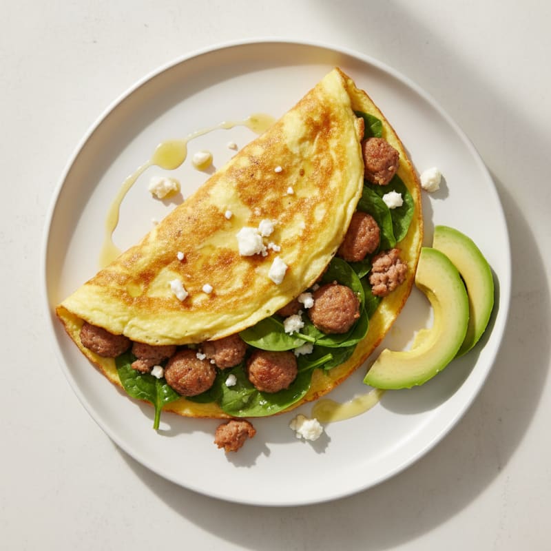 Crispy Egg White Omelet with Turkey Sausage and Spinach