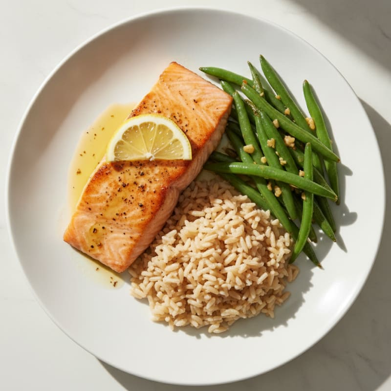 Seared Salmon Fillet with Garlic Green Beans and Brown Rice