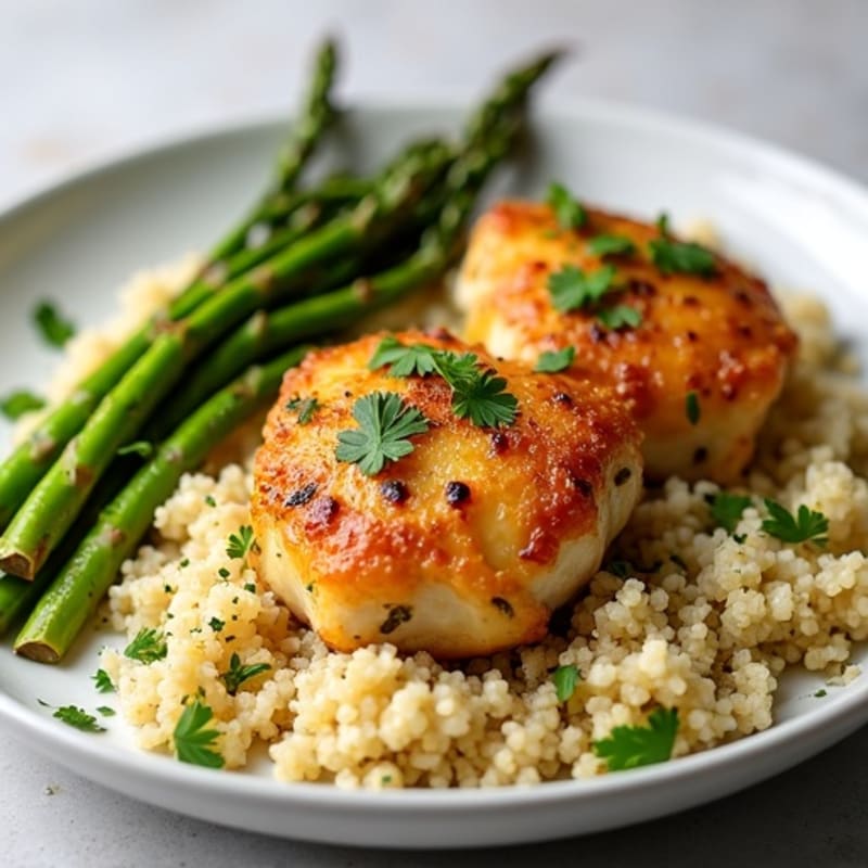 Crispy Lemon-Herb Chicken Thighs with Roasted Asparagus and Quinoa