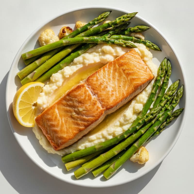 Seared Salmon with Steamed Asparagus and Cauliflower Mash