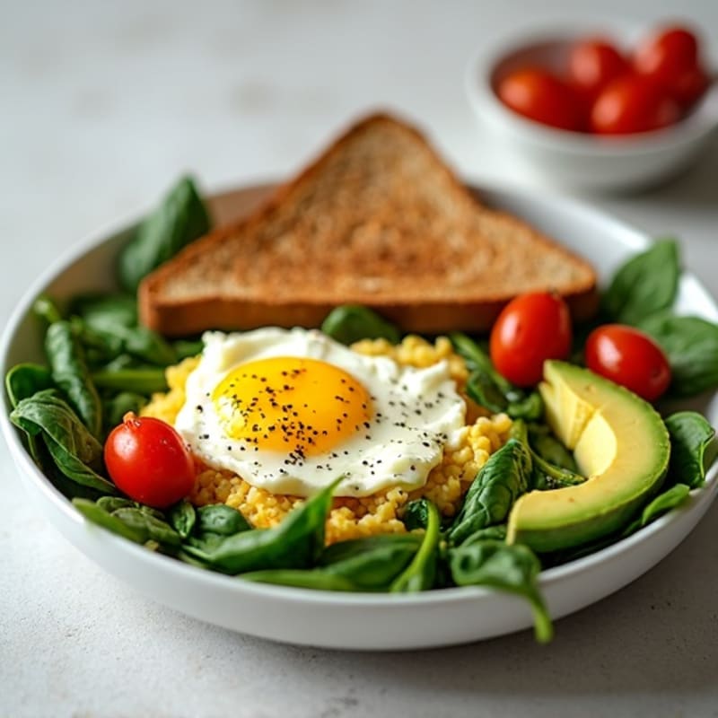 Egg White Spinach Scramble with Cottage Cheese and Cherry Tomatoes