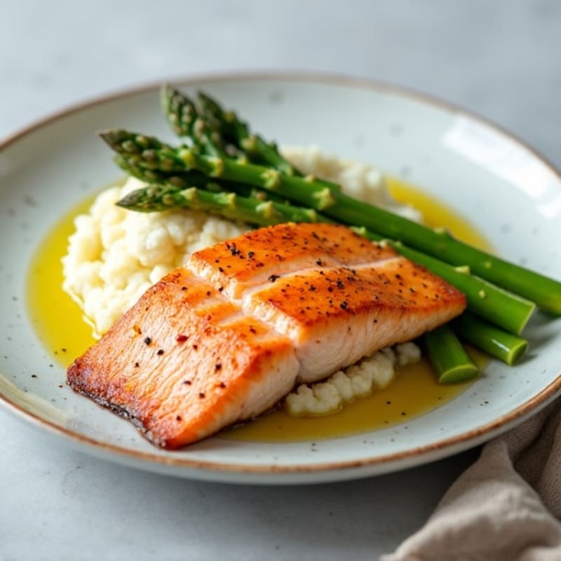 Seared Salmon with Steamed Asparagus and Mashed Cauliflower