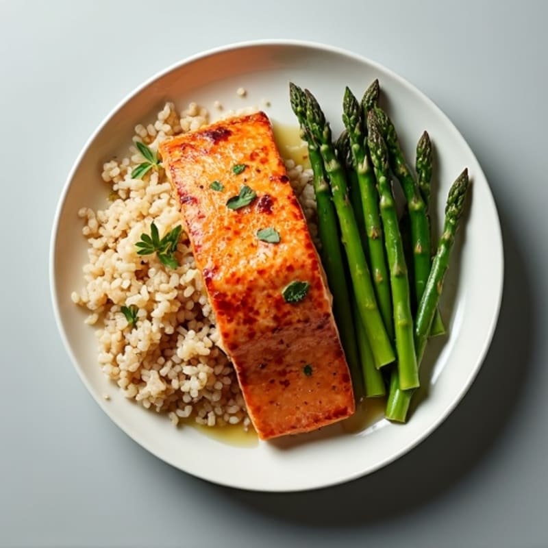 Seared Salmon Fillet with Steamed Asparagus and Brown Rice