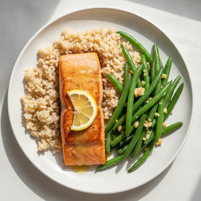 Seared Salmon with Garlic Green Beans and Brown Rice
