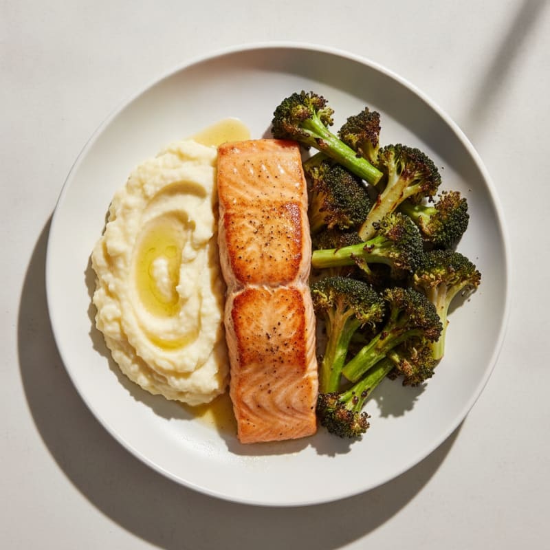 Seared Salmon with Roasted Broccoli and Garlic Mashed Cauliflower