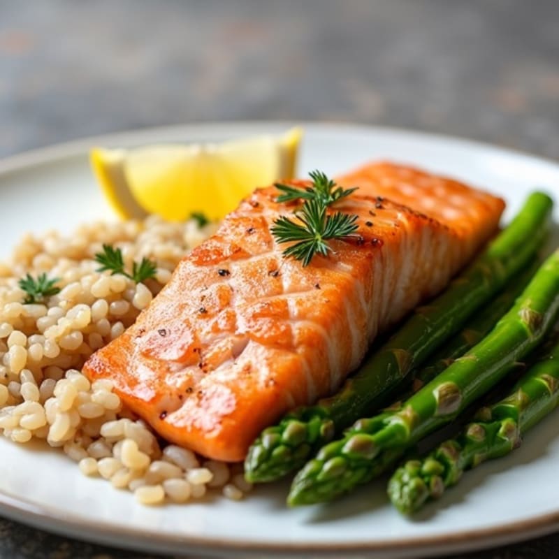 Seared Salmon Fillet with Steamed Asparagus and Brown Rice