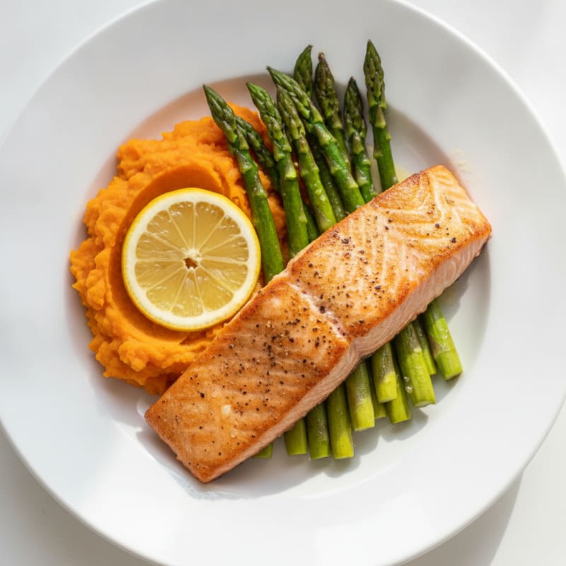 Seared Salmon with Roasted Asparagus and Sweet Potato Mash