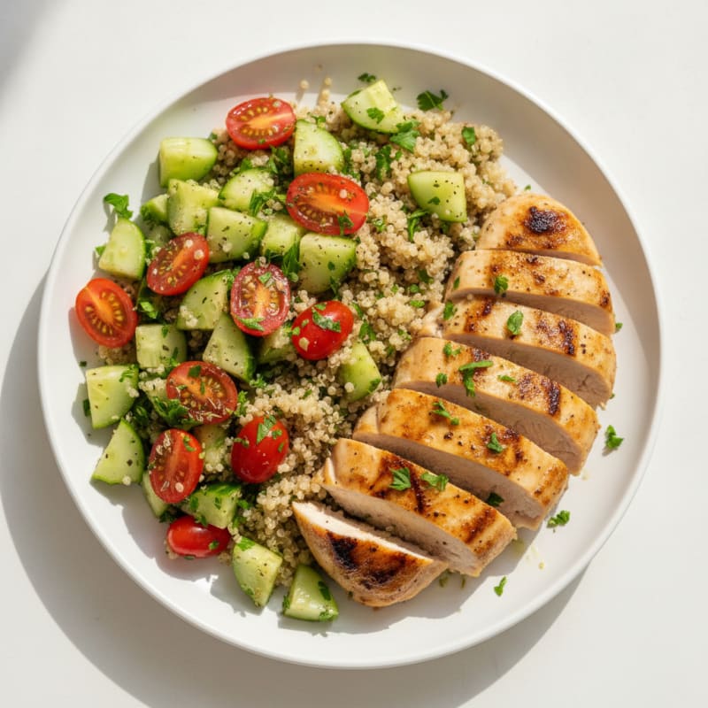 Grilled Chicken Breast with Quinoa and Crunchy Cucumber-Tomato Salad