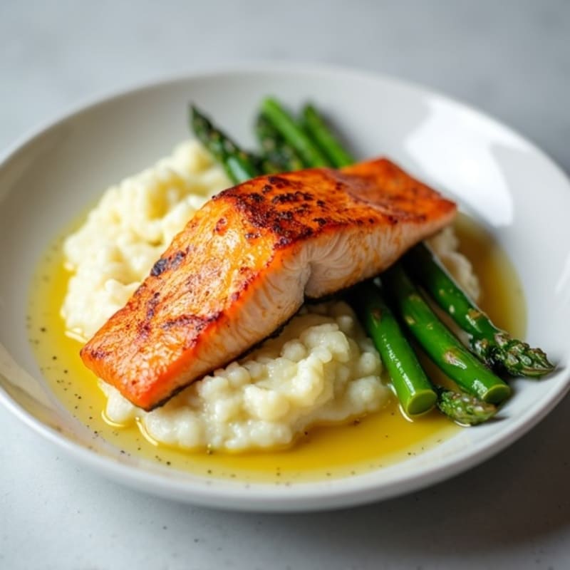 Seared Salmon with Steamed Asparagus and Cauliflower Mash