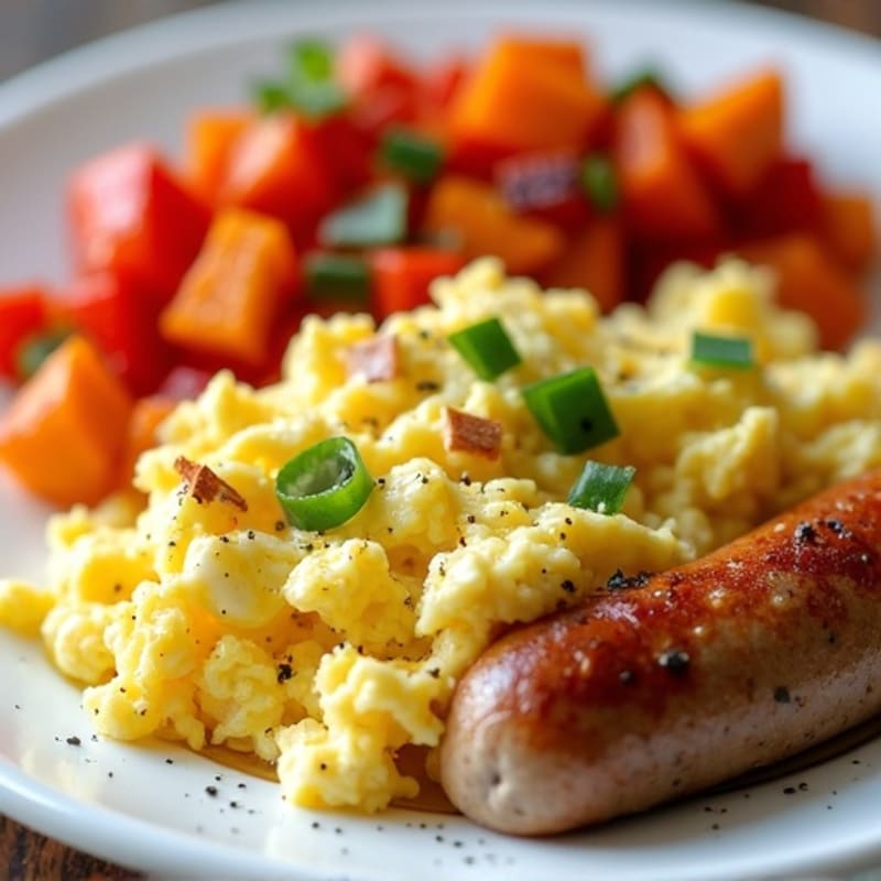 Egg White Scramble with Turkey Sausage and Roasted Sweet Potatoes