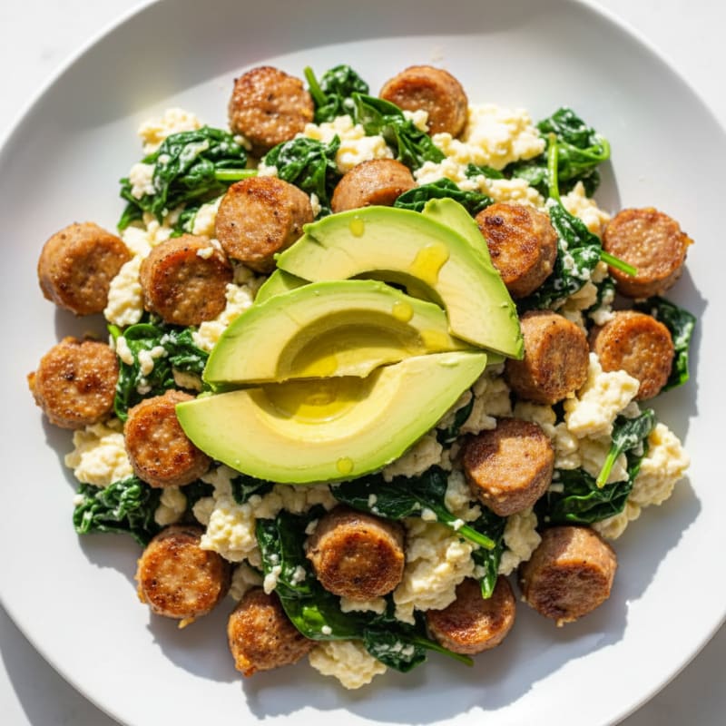 Crispy Turkey Sausage Egg White Scramble with Sautéed Spinach