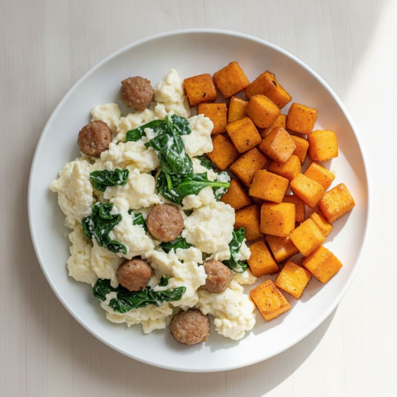 Egg White Scramble with Turkey Sausage and Sautéed Spinach