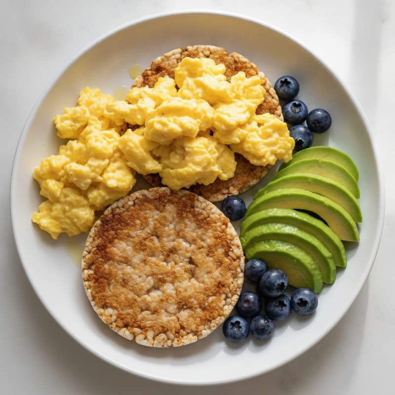 Scrambled Eggs with Sliced Avocado and Rice Cakes