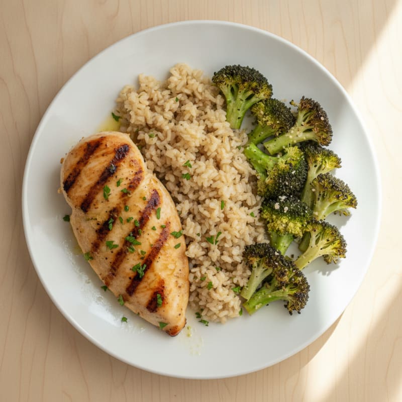 Grilled Chicken Breast with Brown Rice and Roasted Broccoli