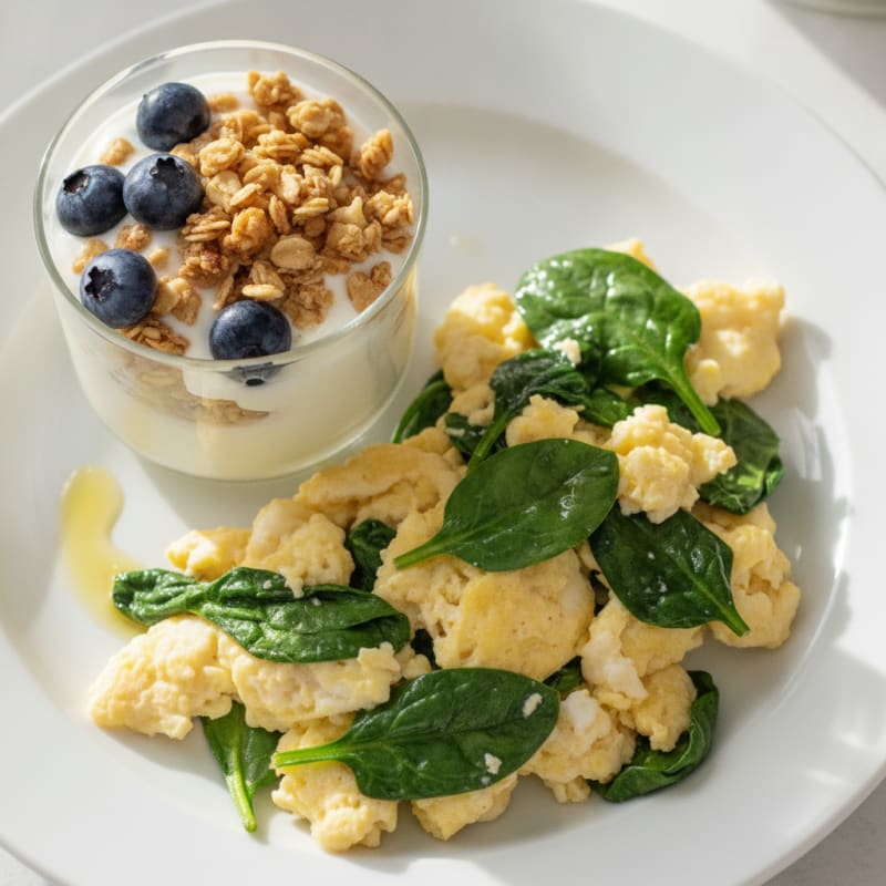 Egg White Scramble with Sautéed Spinach and Greek Yogurt Granola Parfait