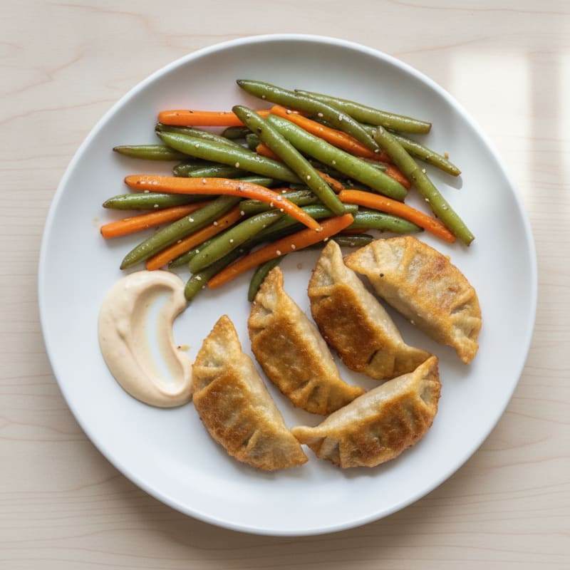 Crispy Gyoza with Sautéed Green Beans and Carrots
