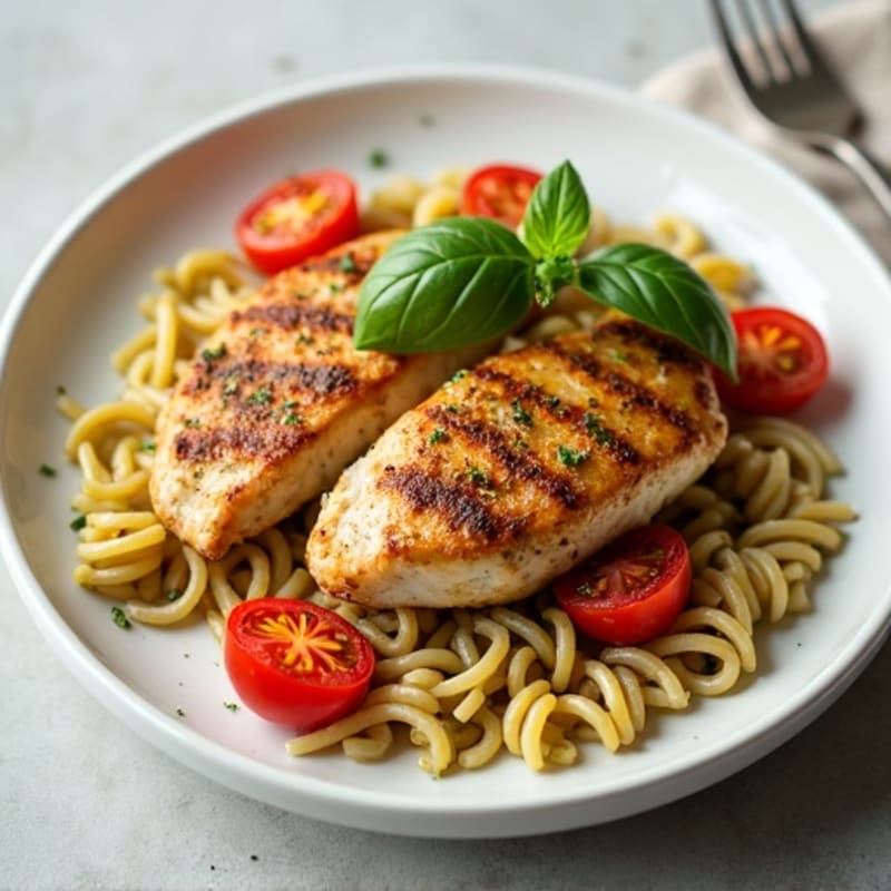 Pan-Seared Chicken with Fresh Pesto Whole Wheat Pasta and Roasted Cherry Tomatoes