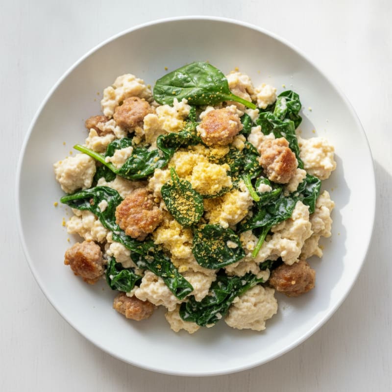Egg White and Turkey Sausage Scramble with Sautéed Spinach