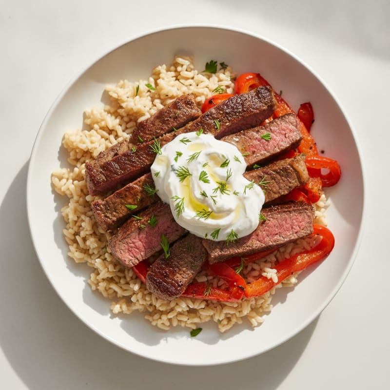 Seared Steak with Roasted Peppers and Rice