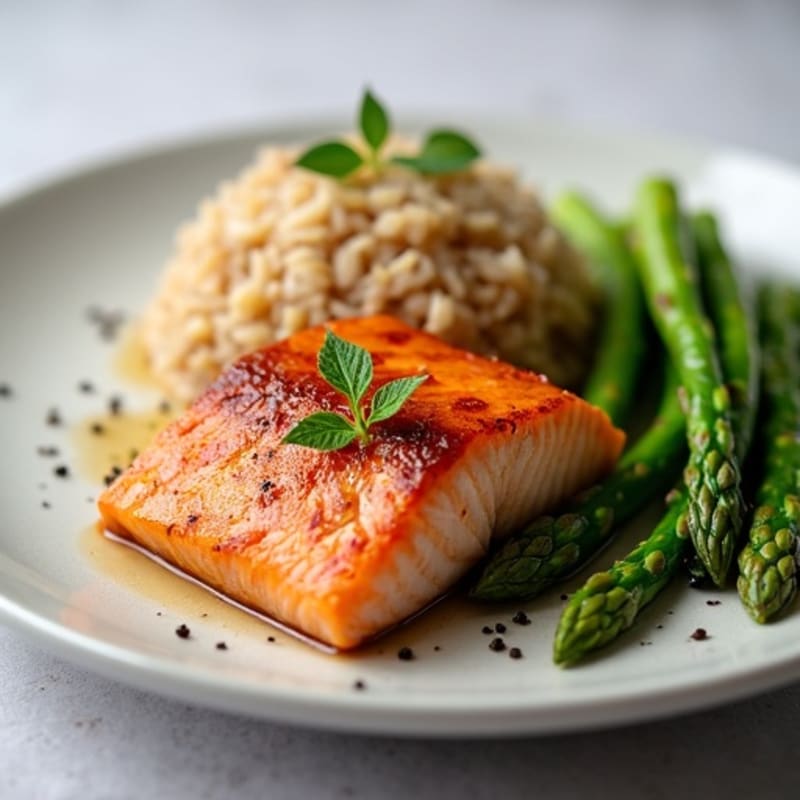 Seared Salmon with Steamed Asparagus and Brown Rice