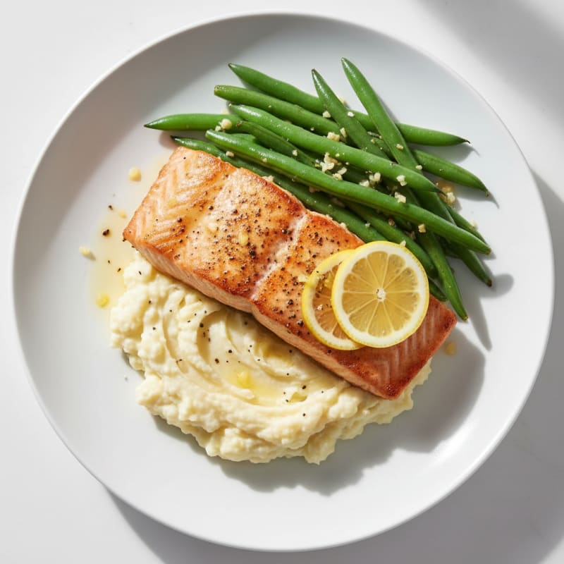 Seared Salmon with Garlic Green Beans and Mashed Cauliflower