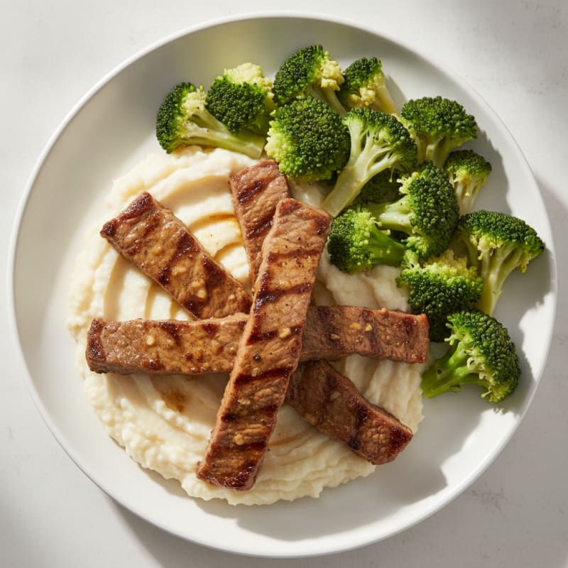 Seared Lean Beef Strips with Steamed Broccoli and Cauliflower Mash